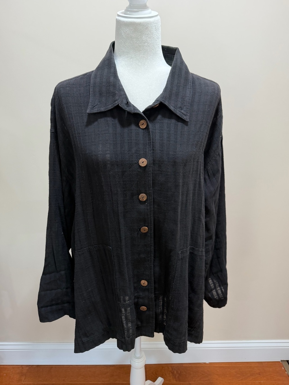 Yasuko Kurisaka Black Woven Stripe Cotton Long Sleeve Button Down Top OS